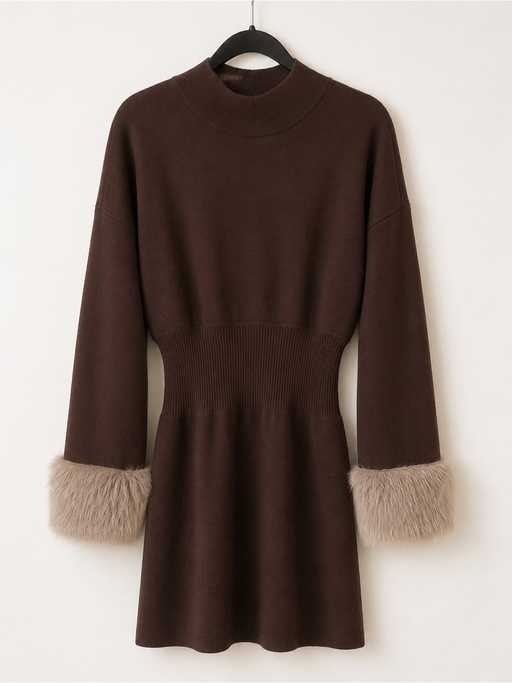 Anthropologie Faux Fur Cuff Sweater Mini Dress | Chocolate Brown - Small
